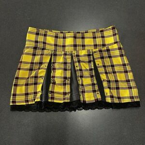 Y2K Yellow Plaid Low Rise Mini Skirt 29" Waist Micro Goth Punk Lace Trim 90s S